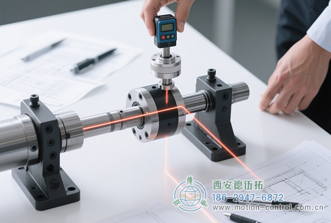 图为工作人员检测编码器安装同轴度的照片